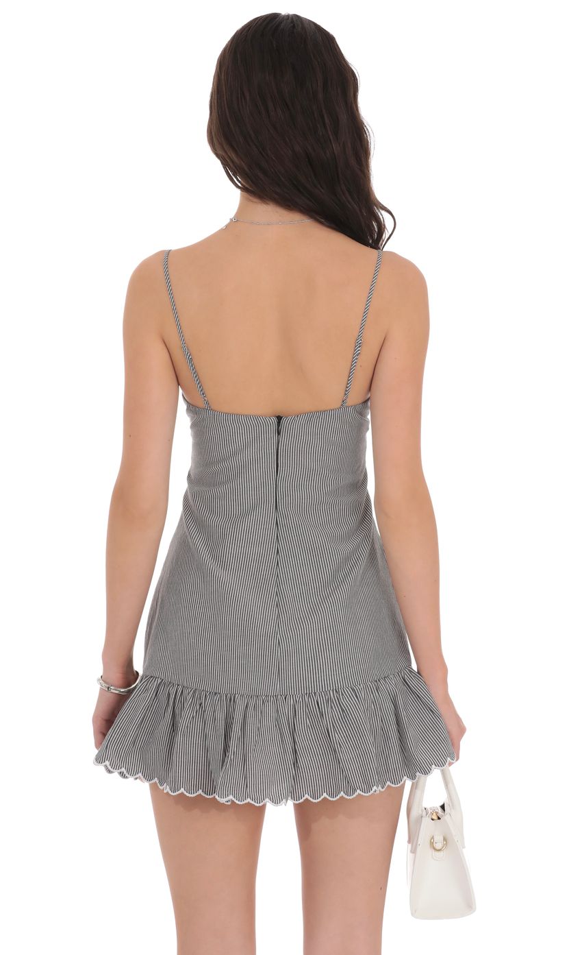 Lucy In The Sky Pinstripe Scallop Ruffle Dress in Grey