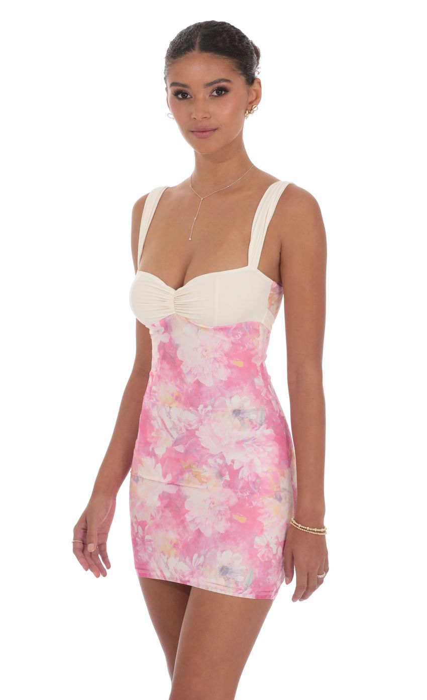 Lucy In The Sky Two-Tone Floral Mesh Bodycon Dress in Pink