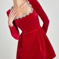 Ursime Elegant Velvet Rhinestone Square Neck Long Sleeve Mini Dress