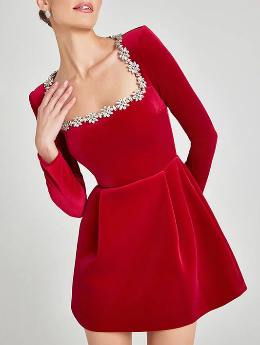 Ursime Elegant Velvet Rhinestone Square Neck Long Sleeve Mini Dress