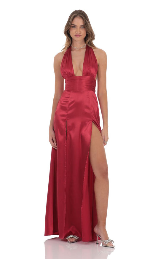 Lucy In The Sky Satin Halter Maxi Dress in Red