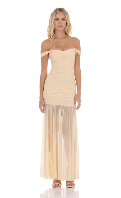 Lucy In The Sky Mesh Off Shoulder Ruched Maxi Dress in Beige