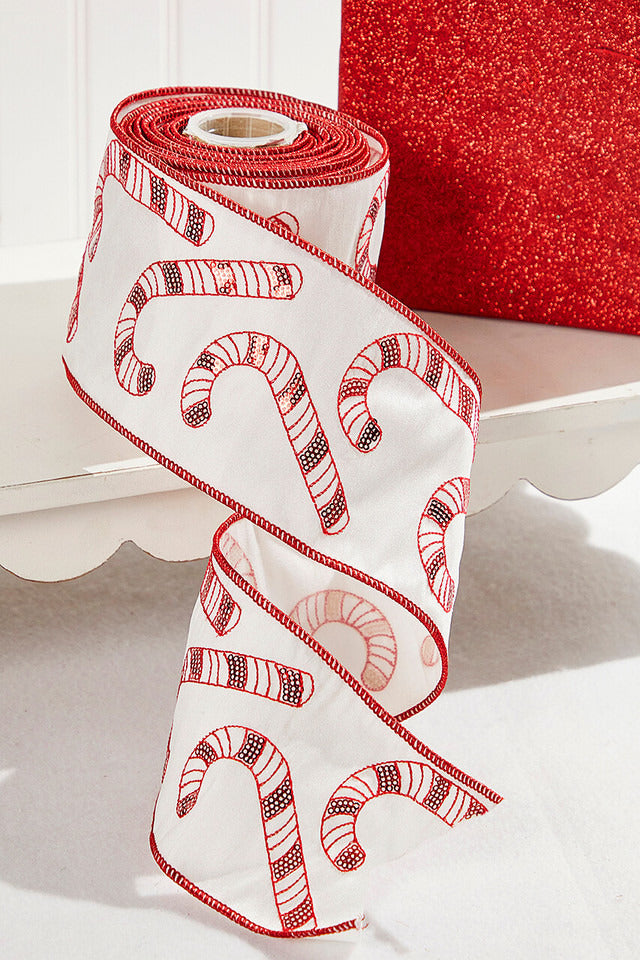 Decorator's Warehouse 4" x 5 Yard Red/White Sequin Embroidered Candy Cane Ribbon