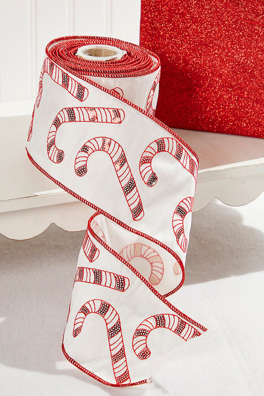 Decorator's Warehouse 4" x 5 Yard Red/White Sequin Embroidered Candy Cane Ribbon