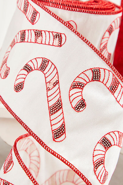 Decorator's Warehouse 4" x 5 Yard Red/White Sequin Embroidered Candy Cane Ribbon