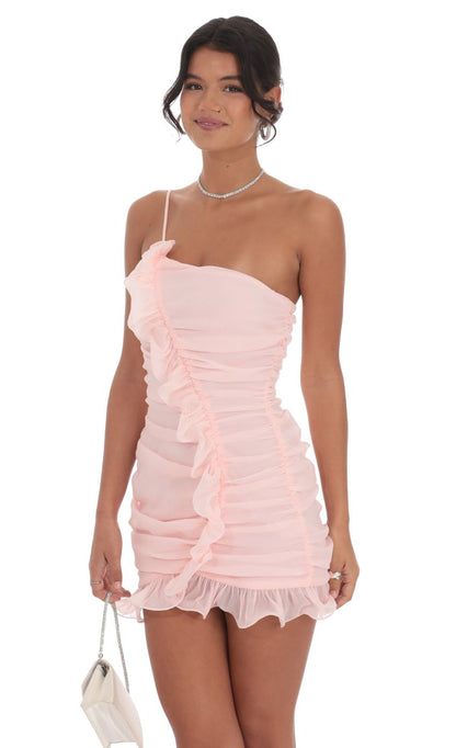 Lucy In The Sky Shimmer Chiffon One Shoulder Dress in Pink