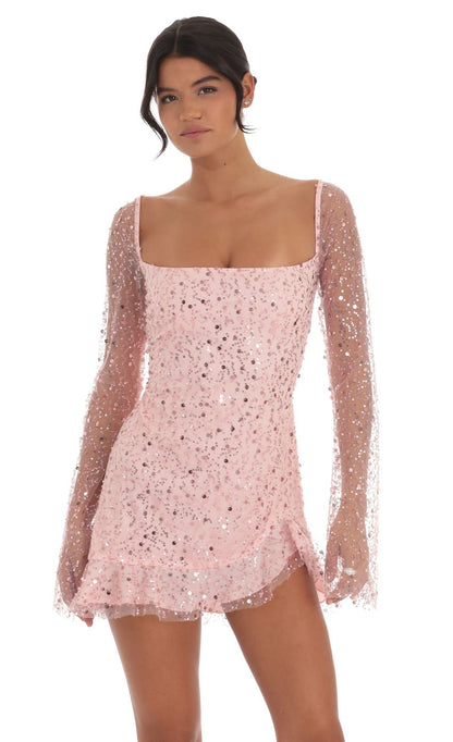 Lucy In The Sky Sequin Flare Long Sleeve Dress in Pink