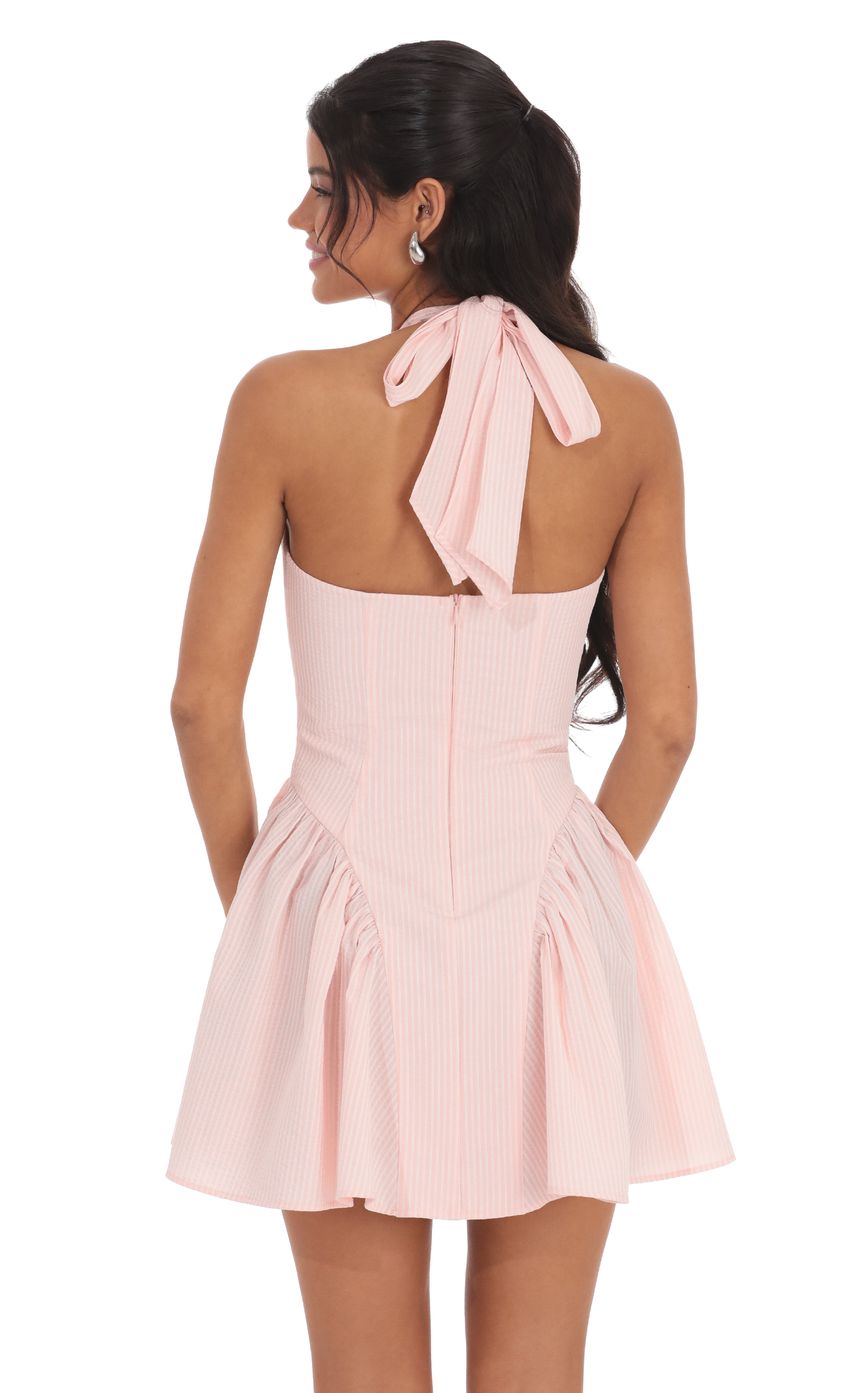 Lucy In The Sky Striped Crinkle Halter Dress in Pink