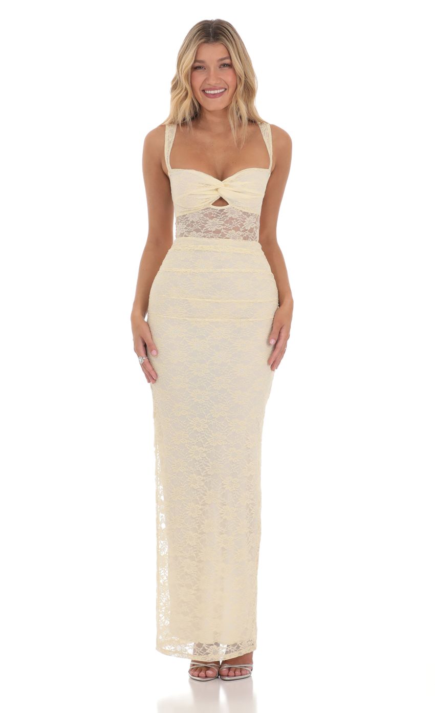 Lucy In The Sky Lace Twist Ruched Maxi Dress in Yellow