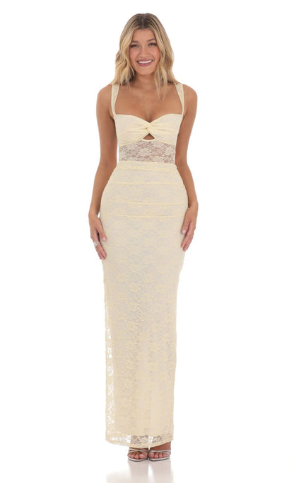 Lucy In The Sky Lace Twist Ruched Maxi Dress in Yellow