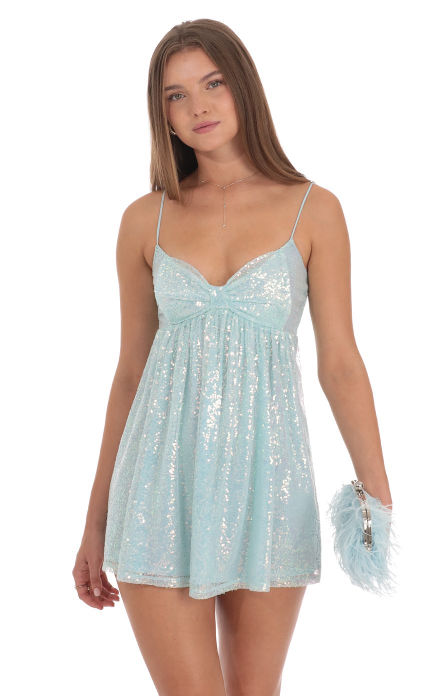 Lucy In The Sky Sequin Front Bow Babydoll Dress in Seafoam Blue