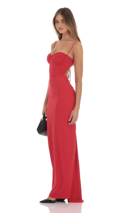 Lucy In The Sky Ruched Open Back Maxi Dress in Red