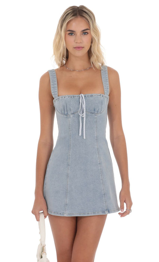 Lucy In The Sky Denim Striped Bow Dress in Light Blue