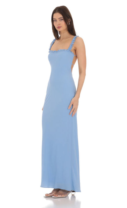 Lucy In The Sky Square Neck Ruffle Strap Maxi Dress in Blue