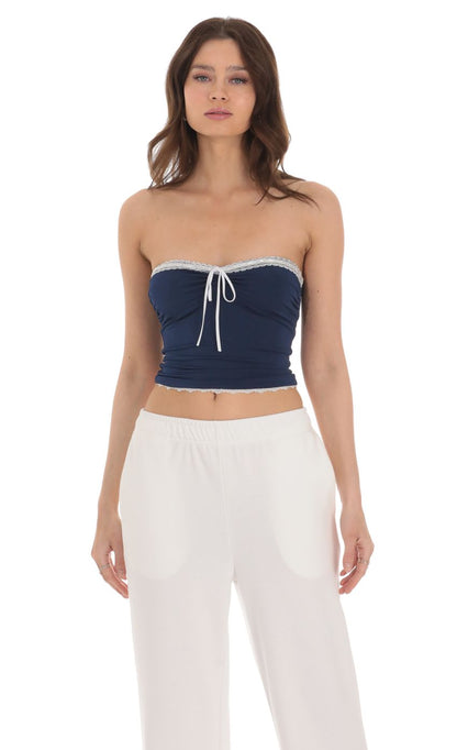 Lucy in the Sky Strapless White Lace Top in Navy