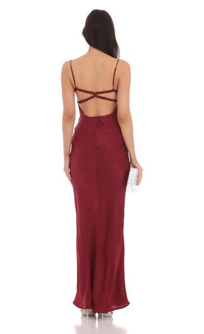 Lucy in the Sky Satin Open Back Maxi Dress in Red