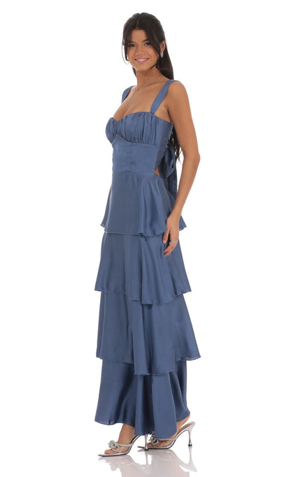 Lucy In The Sky Satin Ruffle Maxi Dress in Slate Blue