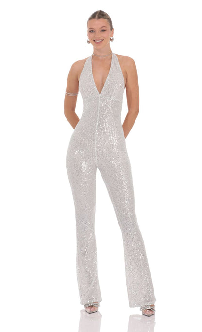 Lucy In The Sky Sequin Halter Jumpsuit in White