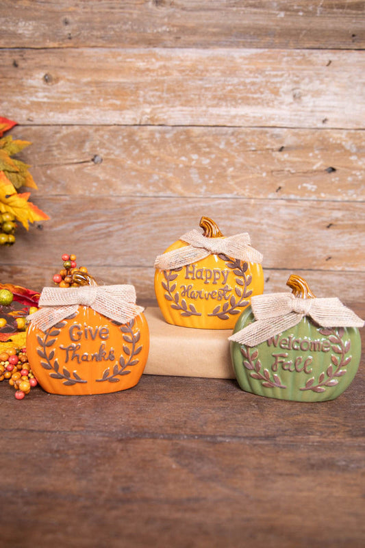 Decorator's Warehouse 5.1” Ceramic Harvest Pumpkin with Burlap Bow