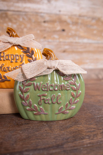 Decorator's Warehouse 5.1” Ceramic Harvest Pumpkin with Burlap Bow