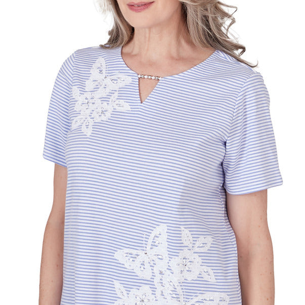 Alfred Dunner Women's Mini Stripes Tee with Butterfly Lace Detail