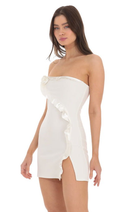 Lucy in the Sky Flower Ruffle Slit Dress in White