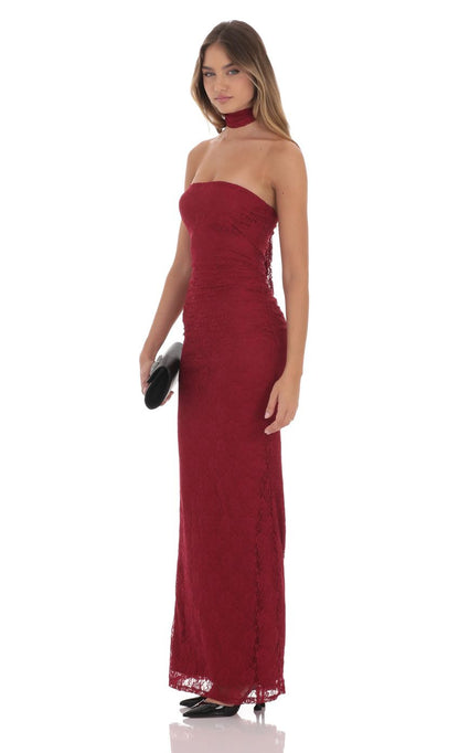 Lucy in the Sky Scarf Lace Maxi Dress in Maroon