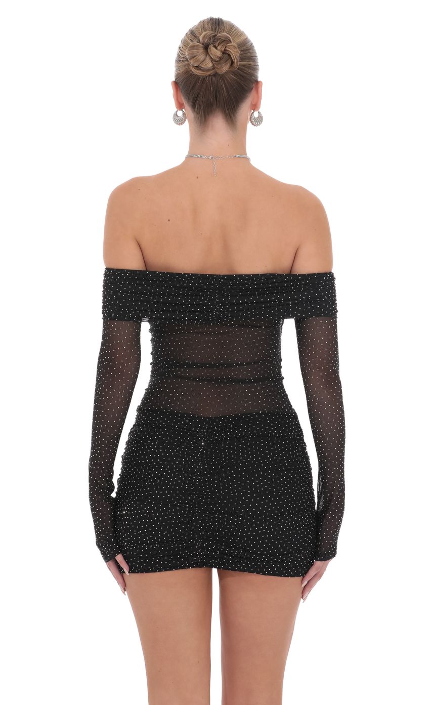Lucy In The Sky Rhinestone Mesh Off Shoulder Dress in Black
