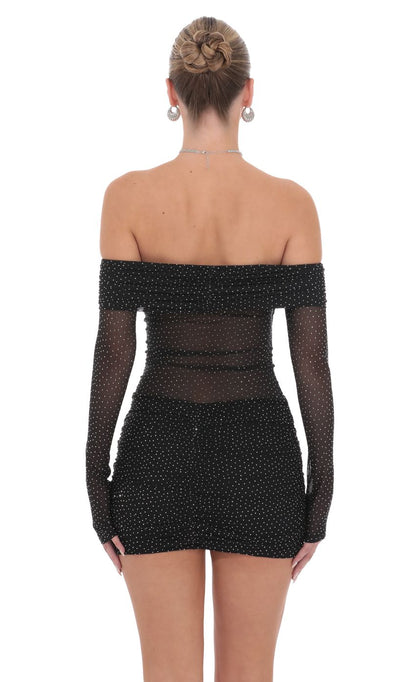 Lucy In The Sky Rhinestone Mesh Off Shoulder Dress in Black
