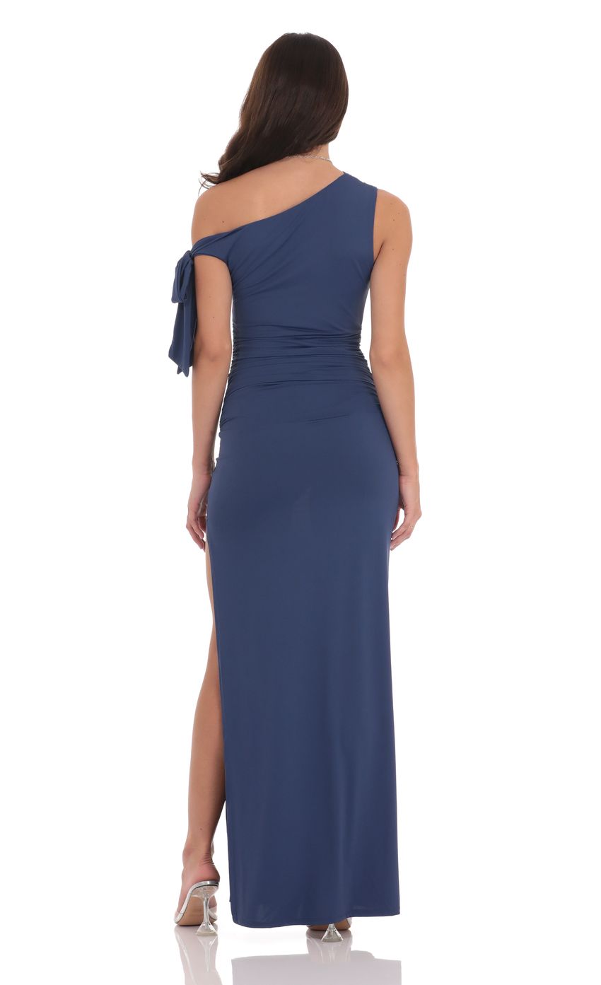 Lucy In The Sky Off Shoulder Tie Strap Maxi Dress in Blue