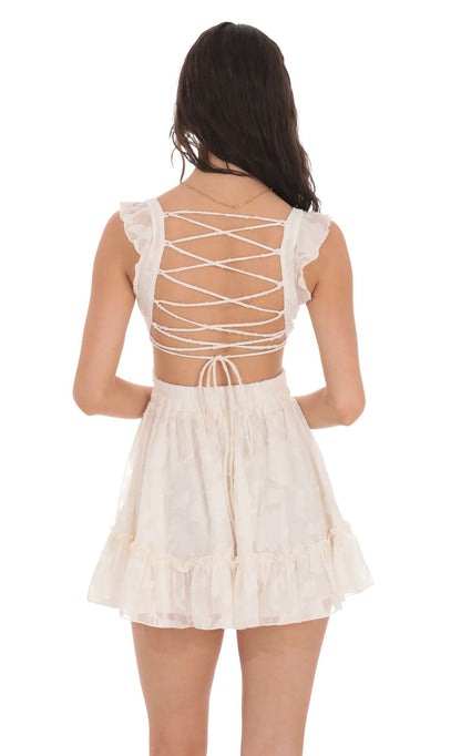 Lucy In The Sky Ruffle Floral Cutout Dress in Cream