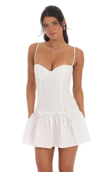 Lucy In The Sky Floral Double Bow Drop Waist Dress in White