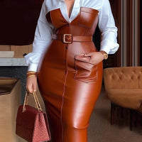 Ursime Shirt Collar Long Sleeve PU Leather Patchwork Belt Midi Dress