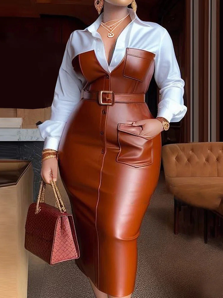 Ursime Shirt Collar Long Sleeve PU Leather Patchwork Belt Midi Dress