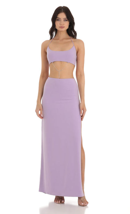 Lucy In The Sky Rhinestone Cutout Maxi Dress in Purple