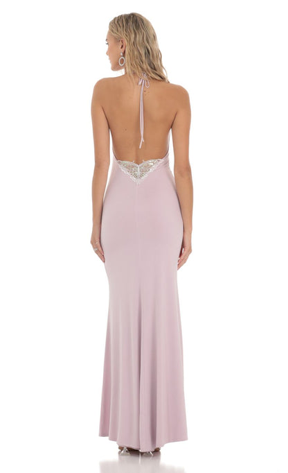 Lucy in the Sky Halter Open Back Butterfly Maxi Dress in Lilac