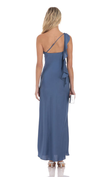 Lucy In The Sky Satin One Shoulder Tassel Maxi Dress in Denim Blue