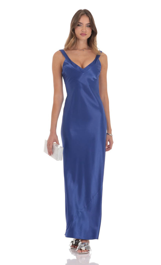 Lucy In The Sky Satin Open Back Maxi Dress in Royal Blue