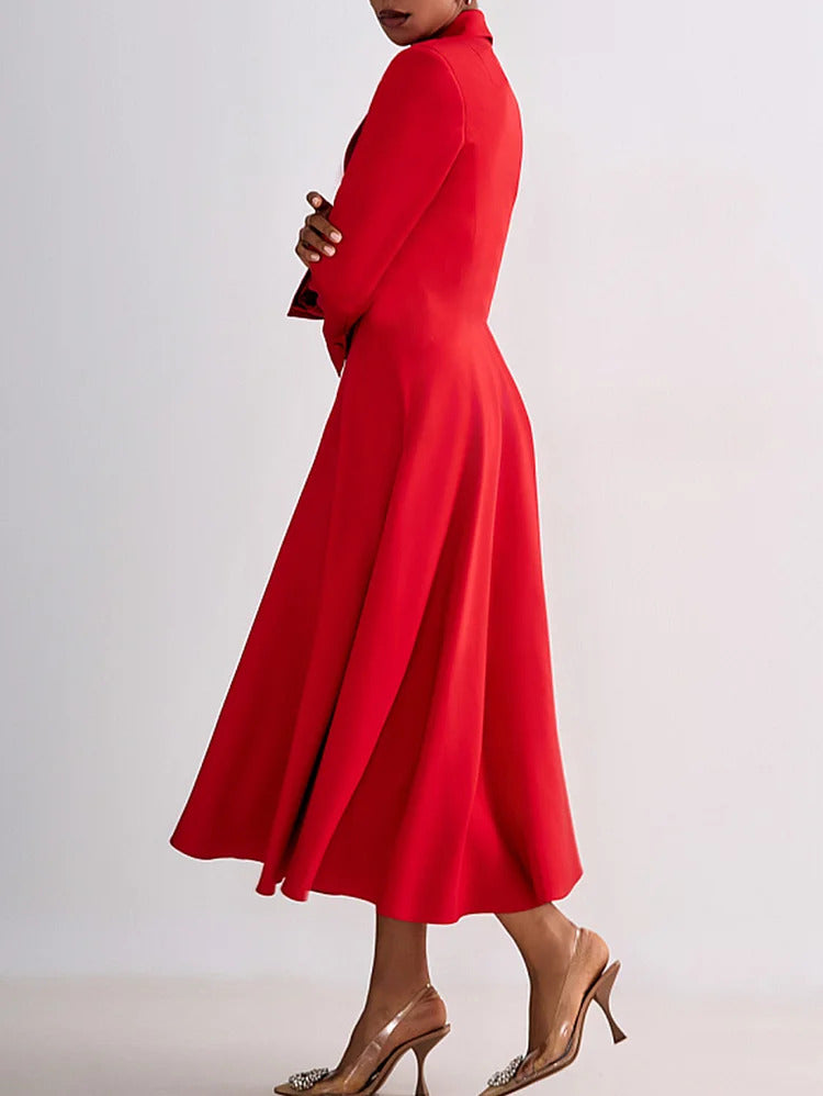 Ursime Formal Peak Lapel Button Up Long Sleeve Midi Dress