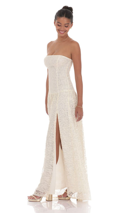 Lucy In The Sky Lace Sequin Drop Waist Maxi Dress in Cream
