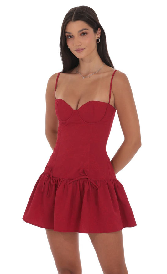 Lucy In The Sky Jacquard Double Bow Drop Waist Dress in Red