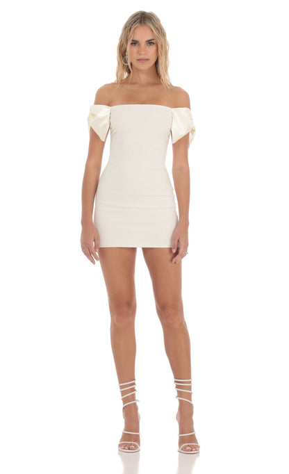 Lucy In The Sky Off Shoulder Bow Sleeves Dress in Ivory