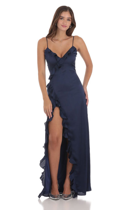 Lucy in the Sky Ruffle V-Neck Maxi Dress in Navy