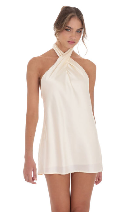 Lucy In The Sky Satin Cross Halter Dress in Cream