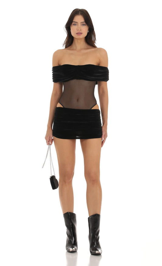 Lucy In The Sky Velvet Off Shoulder Two Piece Set in Black