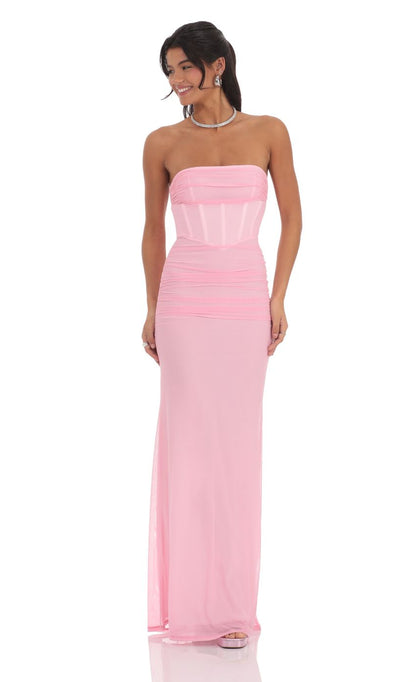 Lucy In The Sky Mesh Strapless Corset Maxi Dress in Pink