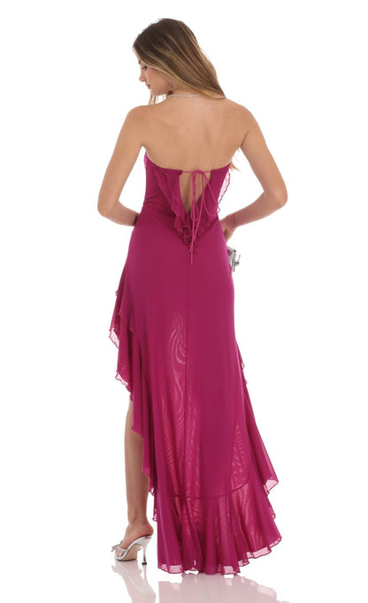 Lucy In The Sky Strapless Mesh High Low Dress in Magenta