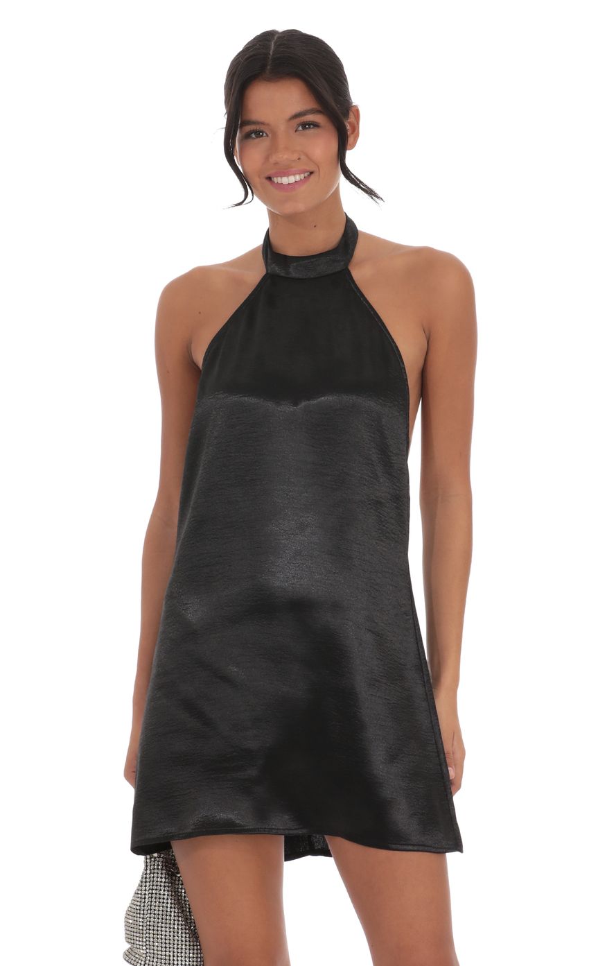 Lucy In The Sky Satin Halter Shift Dress in Black