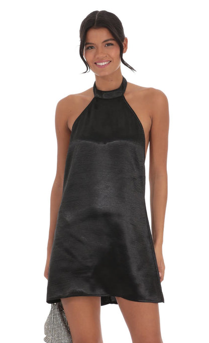 Lucy In The Sky Satin Halter Shift Dress in Black