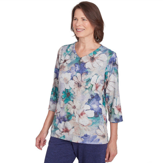 Alfred Dunner Women's Watercolor Floral Melange Top with Pockets